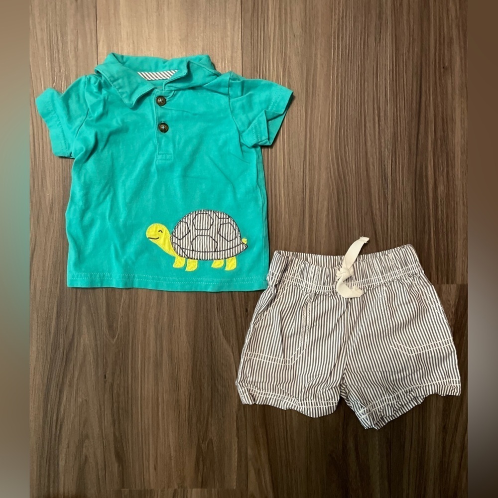 Carter's Teal and Gray Stripe Turtle Matching Set size 3/6M